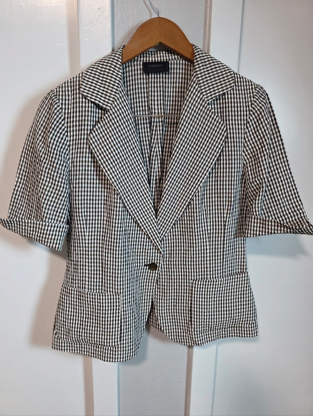 Tombolini Brown Gingham Short Sleeve Single Button Blazer Jacket